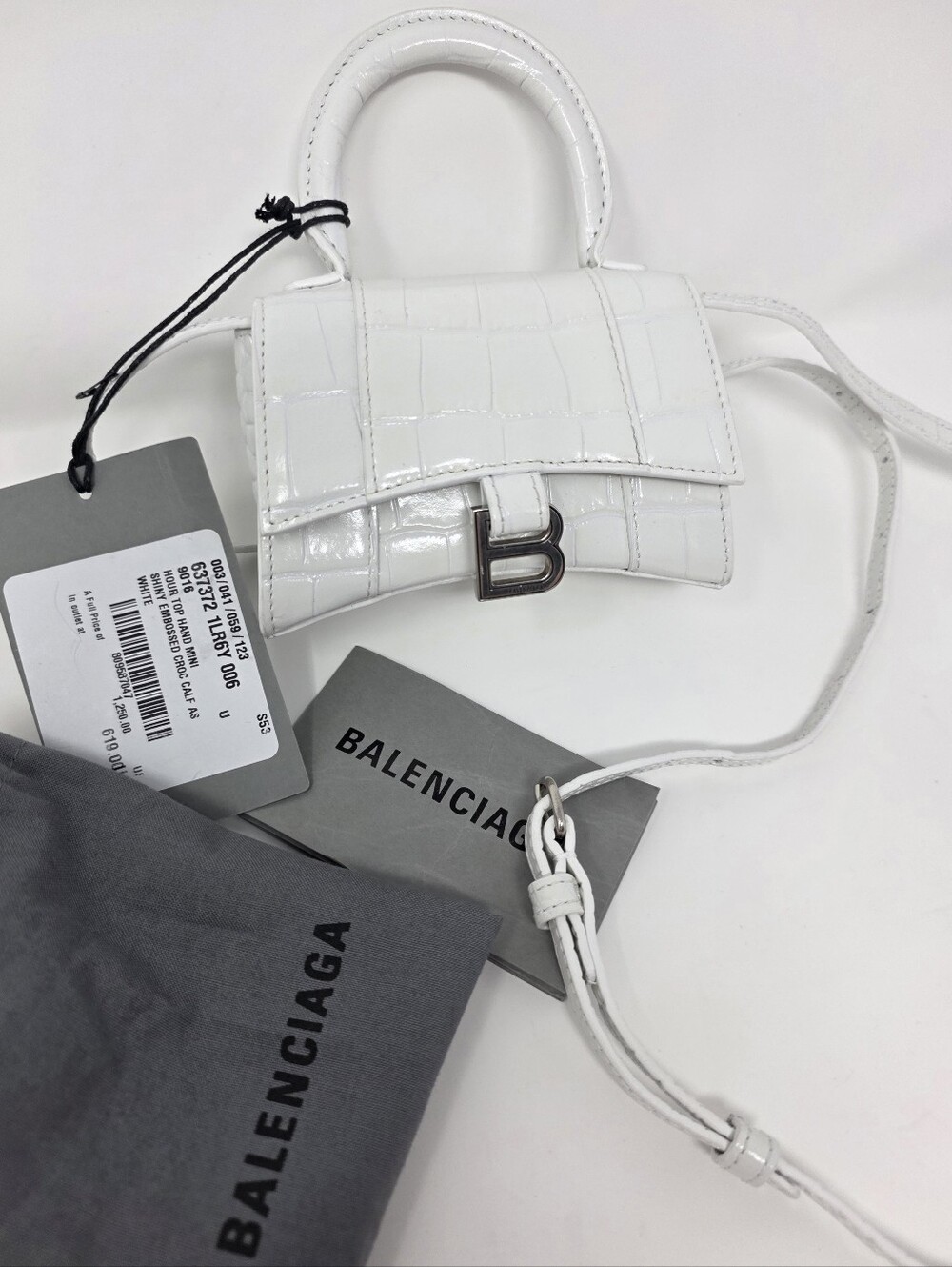 Balenciaga White Mini Hourglass Bag Crossbody Shoulder Crocodile Print Leather
